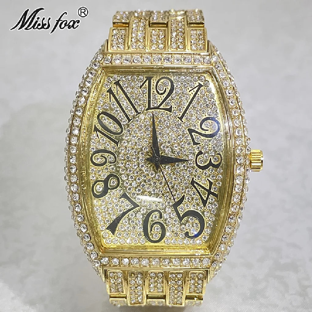 

Hip Hop Brand MISSFOX Luxury Gold Watches For Men Full Diamond Big Waterproof Wristwatch Fashion Bling Iced Out AAA Clocks Male