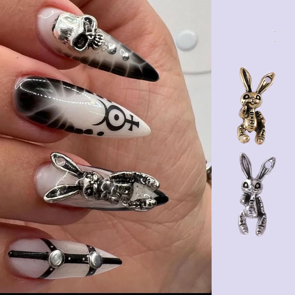 10pcs Kawaii Skull Rabbit Nail Art Decoration 3D Punk Gold/Silver Metal Bunny Nail Jewelry DIY Pierced Nail Accessories