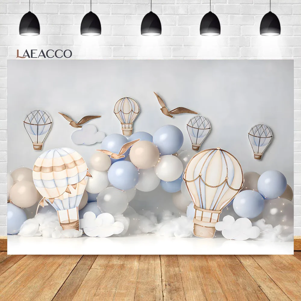 

Laeacco Hot Air Balloon Party Scene Backdrop Blue Balloons Cloud Girl Birthday Party Baby Shower Portrait Photography Background