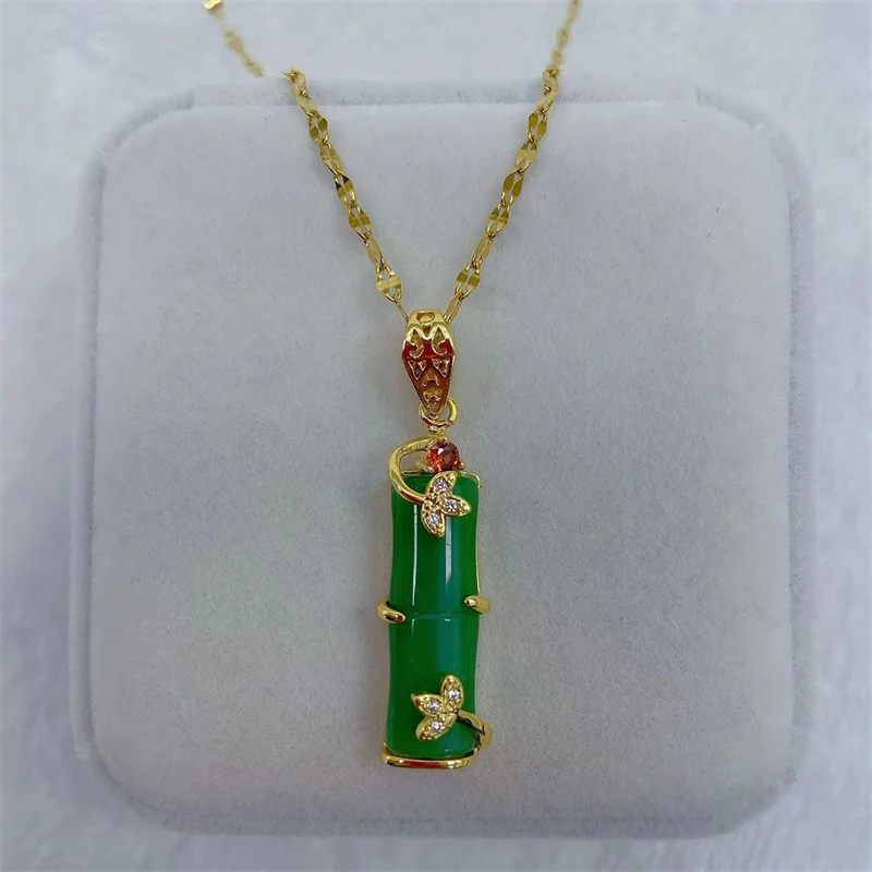 Women's Imitation Jade Jade Bamboo Pendant Necklace Retro Cool Style Small Simple Collarbone Chain Jewelry Engagement Gift 2022 images - 6