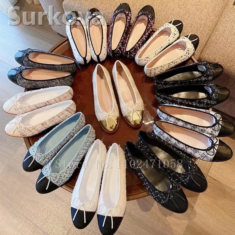 Women Ballet Flats Mixed Color Round Toe Ladies Slip-On Shoes Elegant Lown Heels Butterfly Knot Shallow Flats Female Shoes