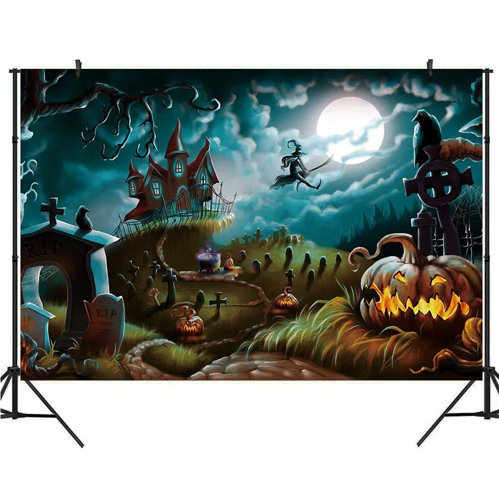 Фон для фотосъемки на Хэллоуин вельветовый узор с темным кладбищем каменной