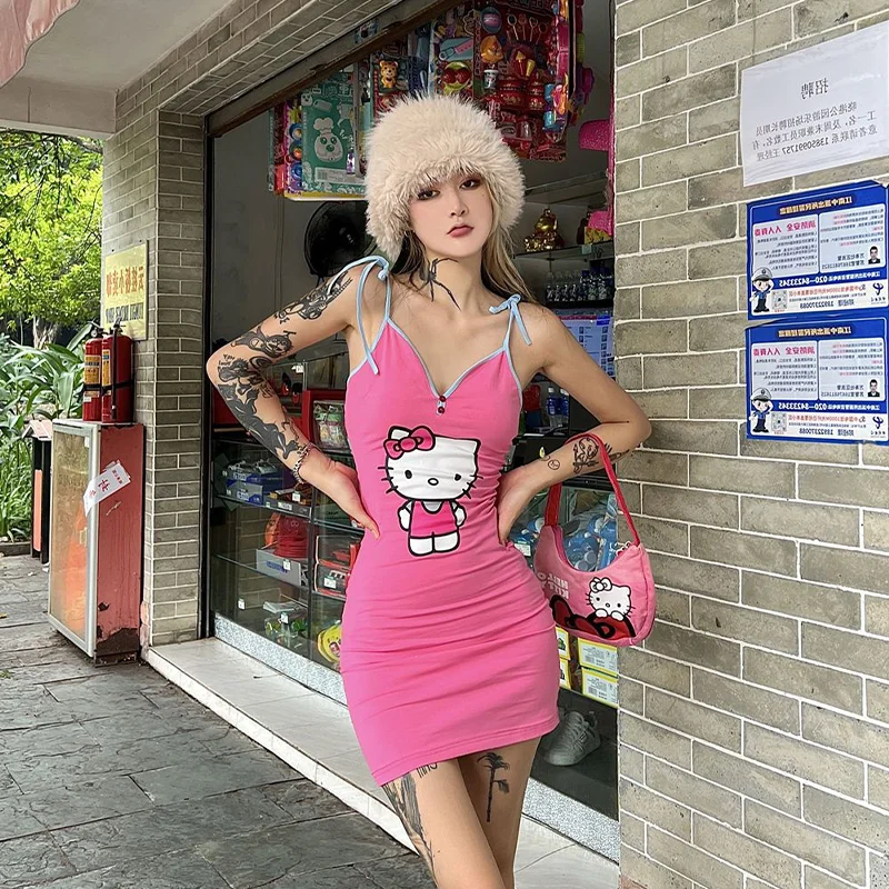 

Cartoon Sanrios Kitty Halter Dress Anime Kawaii Spice Girl Y2K Color Matching Banding Print Slim-Fit Sexy Halter Wrap Hip Skirt
