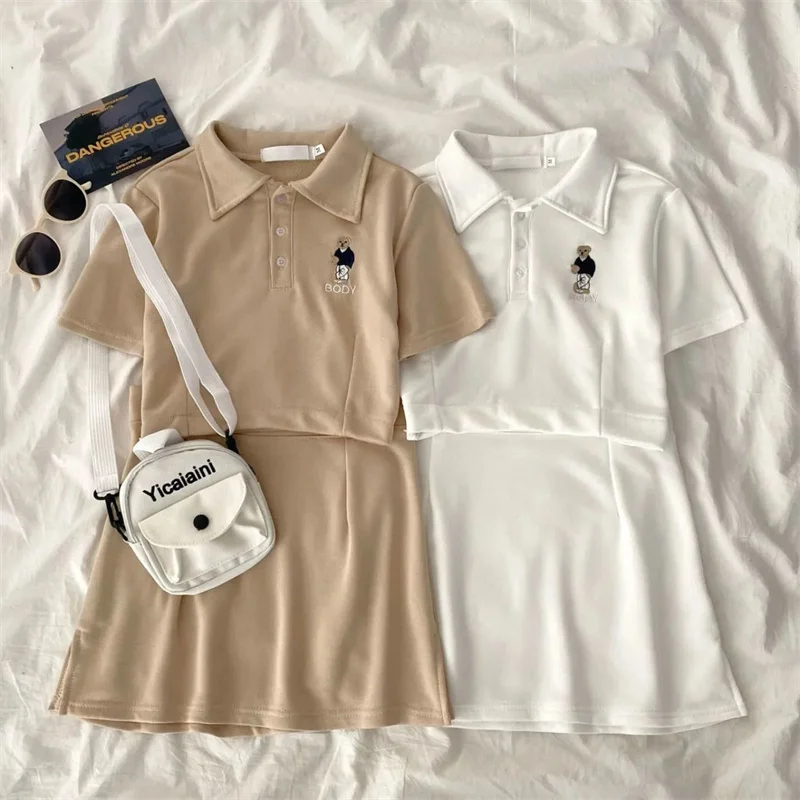 New sports suit short-sleeved  girl ins wind short belly button bear polo shirt bag hip skirt casual two-piece suit