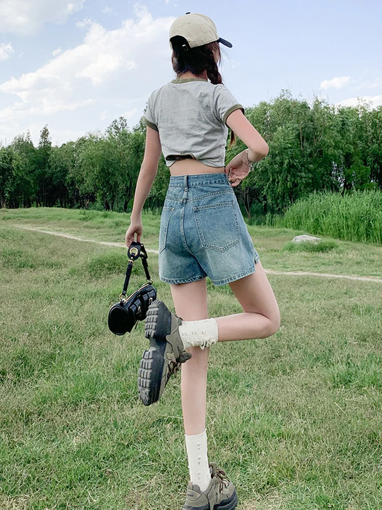 Streetwear Women Vintage Wide Leg High Waist Blue Denim Shorts Spring Summer Female Loose Retro Jeans Shorts Bottoms