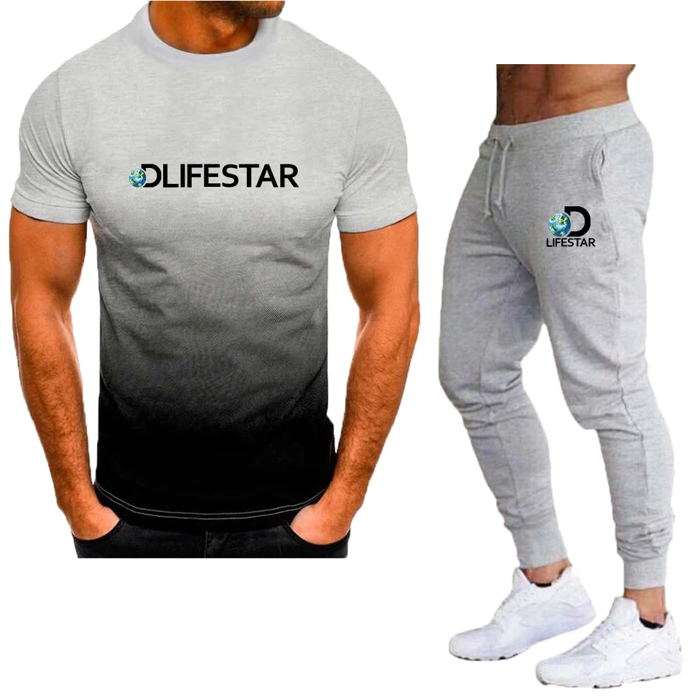 Men's T-Shirt Tracksuit Two Pieces Sets 2023 New Men Casual Fitness Sport Suit Short Sleeve T Shirt+Trousers Sportswear Sets