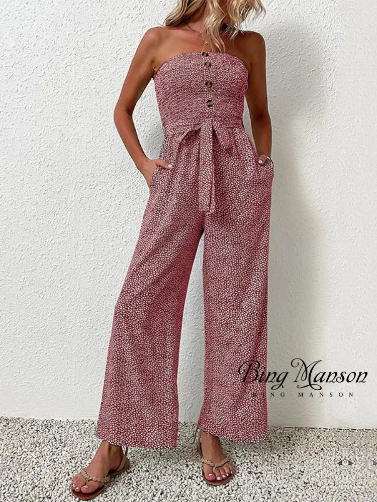 2023 Women's Summer New Strapless Holiday Leopard Pattern One Line Neck Jumpsuit Jumpsuit Women's Jumpsuit  Overalls  Jumpsuits