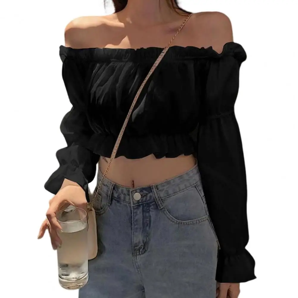 

Solid Color Chic High Elastic Summer Crop Top All Match Women T-shirt Off Shoulder Female Clothes