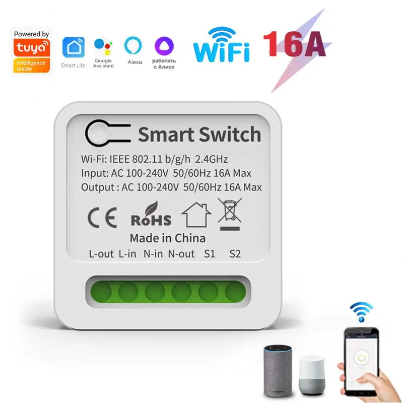 

Tuya 16A MINI Wifi Switch DIY 2-way Remote Control Timer Relay Switches Smart Life APP Control Support Alice Alexa Google Home