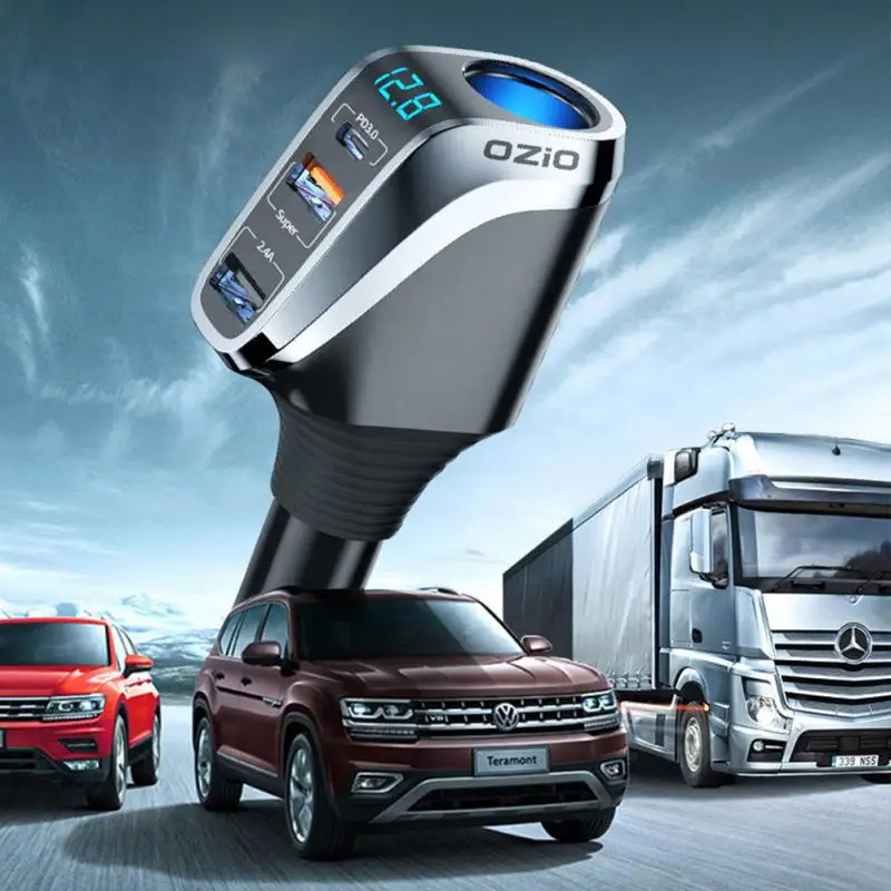 

Digital Display Car Charger Adapter Adjustable Cigarette Lighter One Drive Three 66w Fast Charged Car Charger Car Accessories