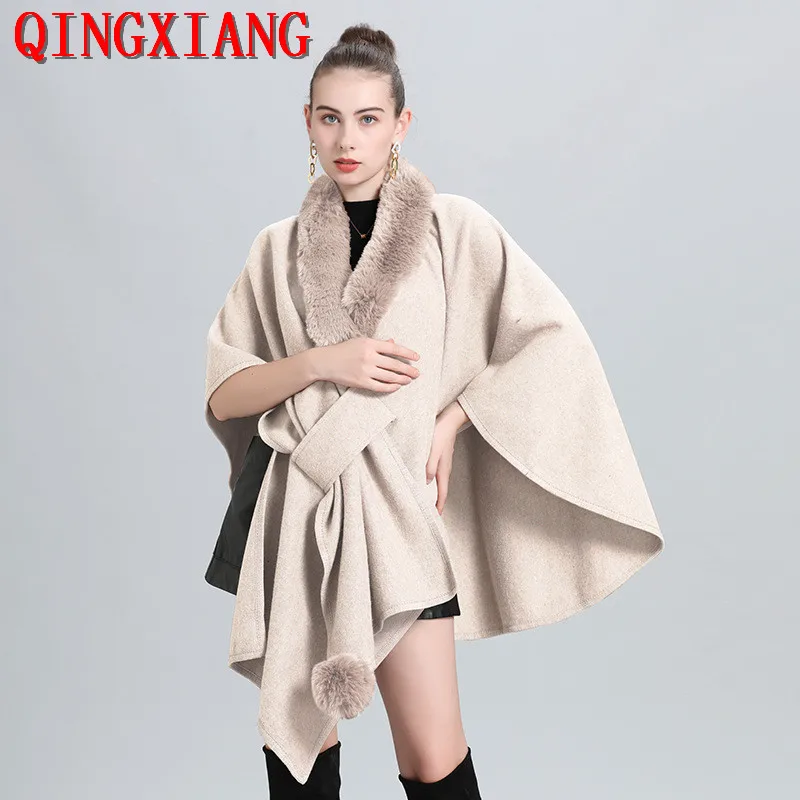 

2022 Women Big Pendulum Faux Woolen Outer Streetwear Cloak Winter Warm Shawl Cape Thick Fur Neck Loose Poncho Coat