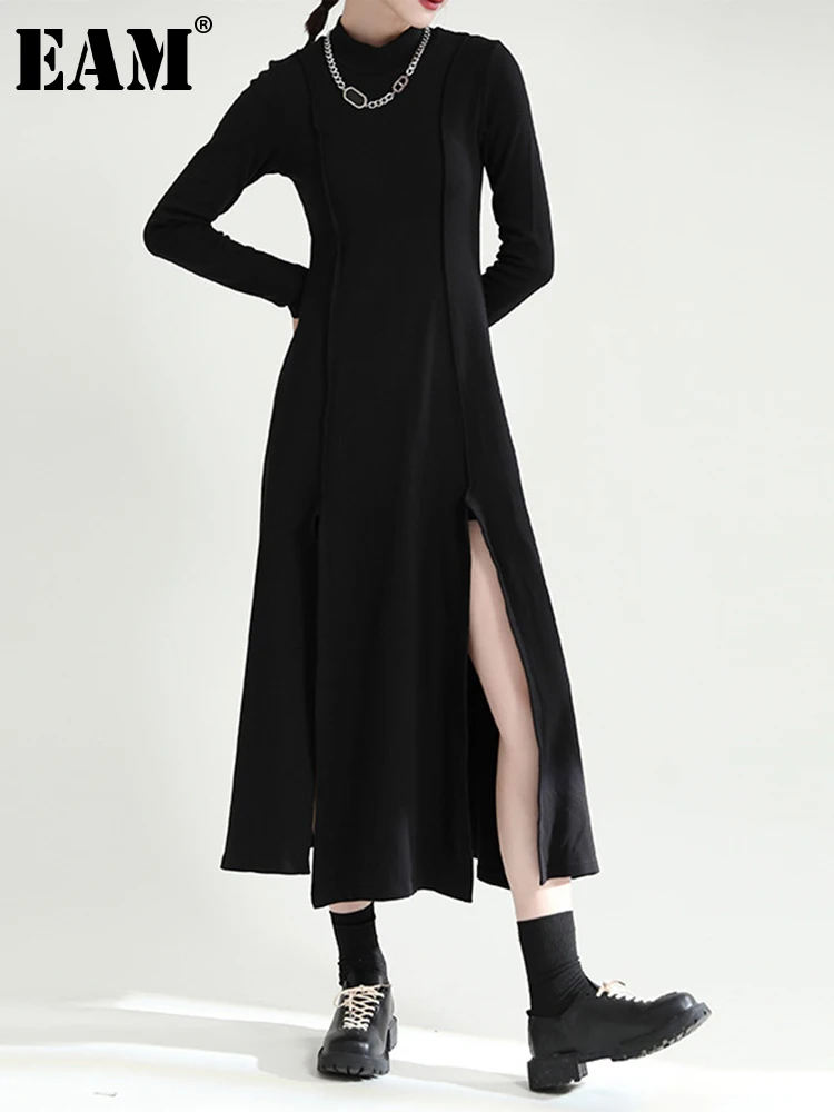 

[EAM] Women Black Hem Slit Long Casual Dress New Turtleneck Long Sleeve Loose Fit Fashion Tide Spring Autumn 2022 1DE4310