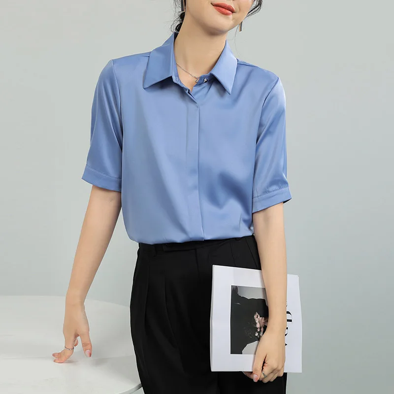 Деловая Синяя Женская рубашка для офиса Модные свободные топы работы шифоновые