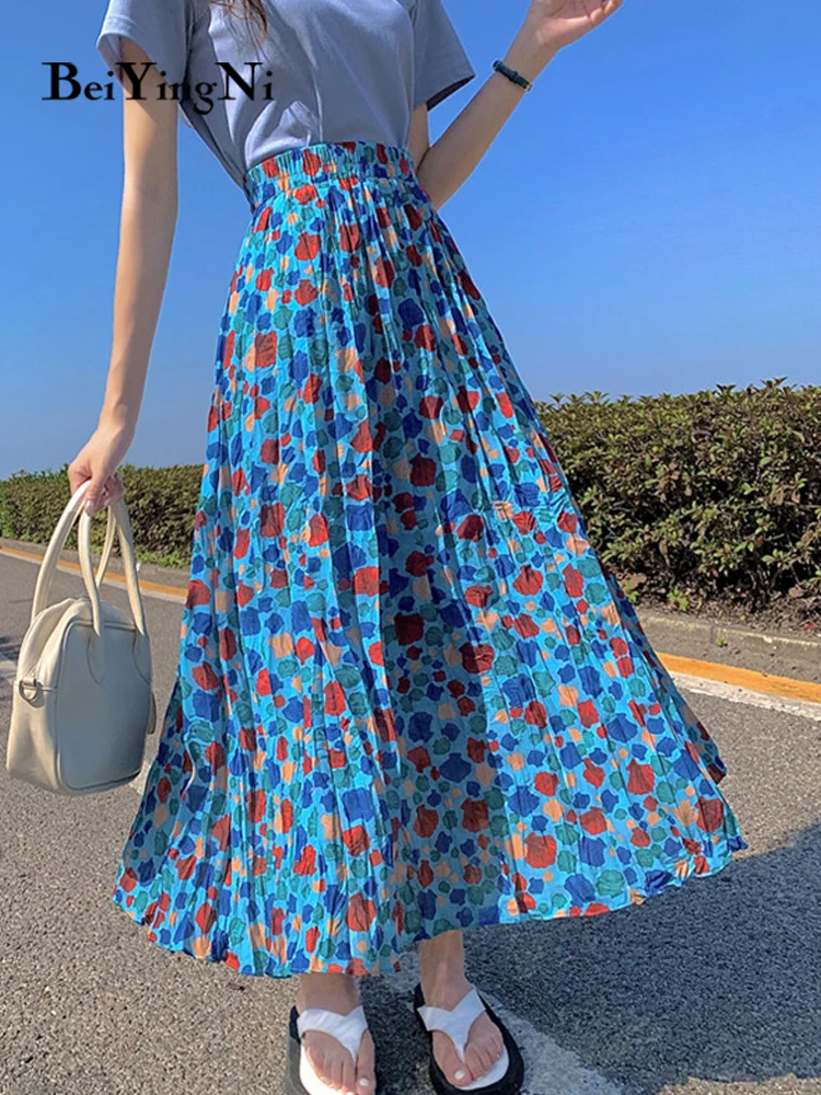 

Beiyingni Summer High Waist Skirt Women Vintage Floral Printed Casual Korean Skirts Ladies 2022 New Fashion Retro Midi Skirts