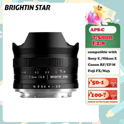 Brightin Star 7,5 мм F2,8 «рыбий глаз» объектив APS-C для Sony E Canon RF EF-M Fuji FX Nikon Z M43
