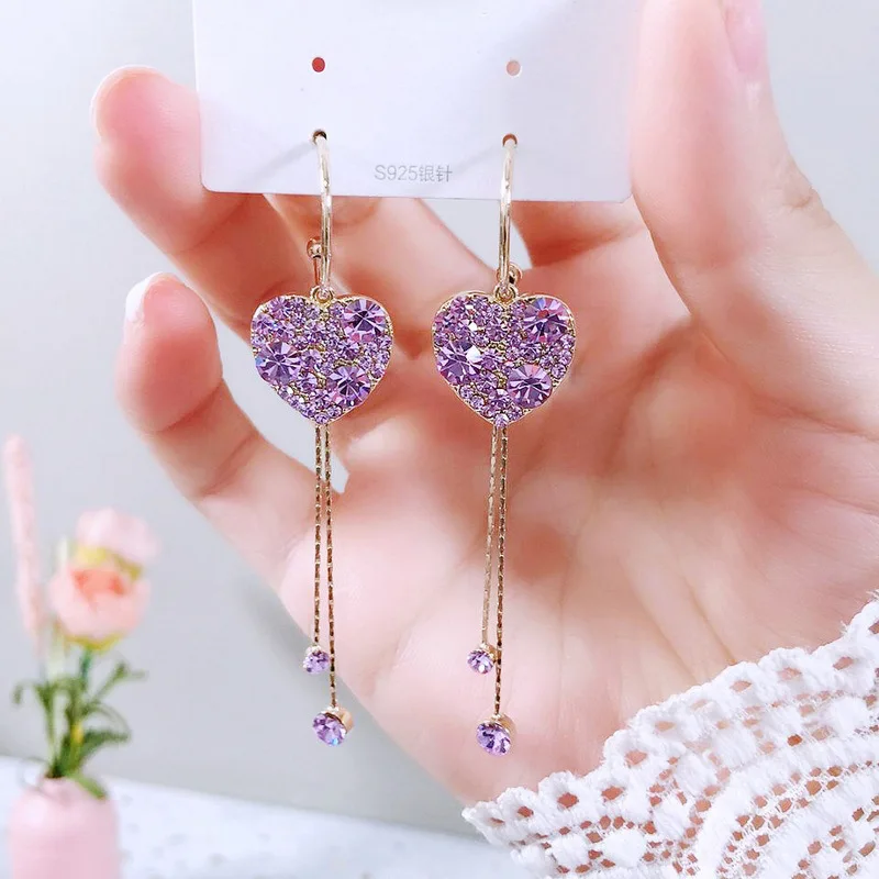 

Korea Fashion New Fringe Earrings Heart Long Style Double Fringe C-shaped Rhinestone Stud Ring for Women Party Jewelry Gift