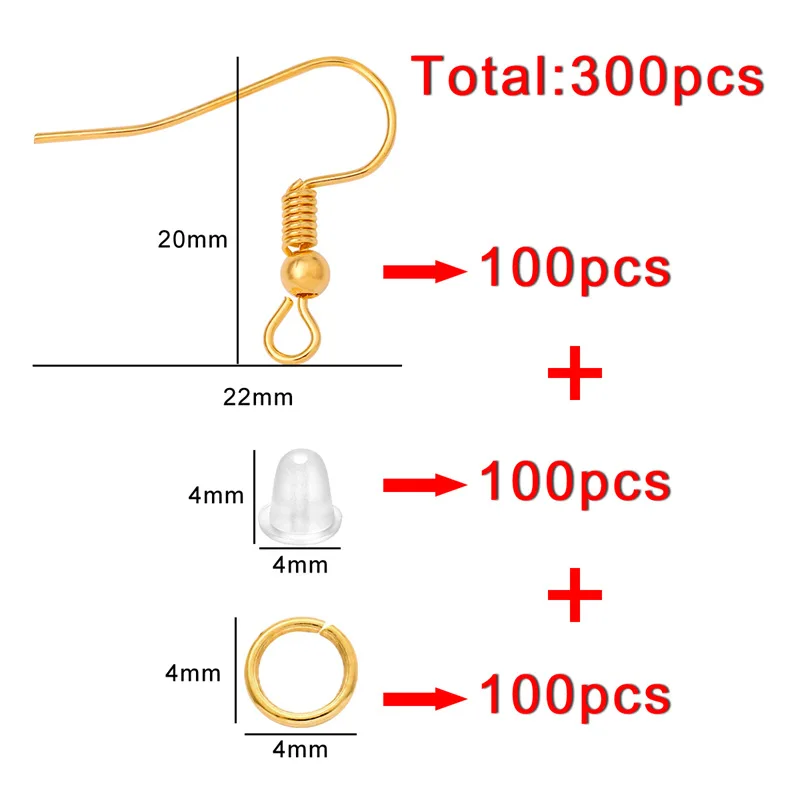 300pcs Hypoallergenic Earrings Hook Kit Ear Wires Fish Clasps Hooks Open Jump Rings Earplugs For DIY Jewelry Making Accessories