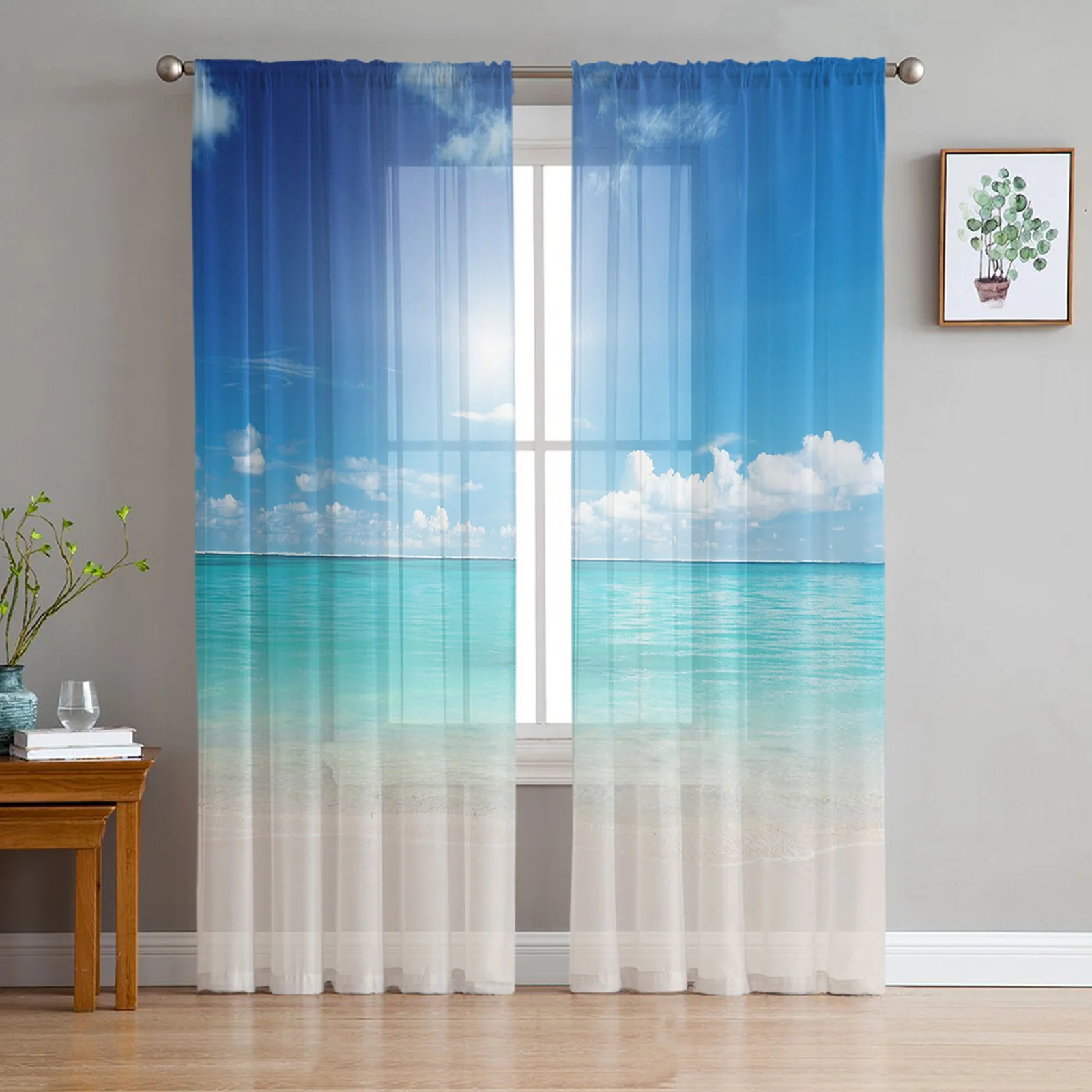 Blue Seaside Beach Clouds Chiffon Sheer Curtains for Living Room Home Decoration Window Voile Tulle Curtain Drapes