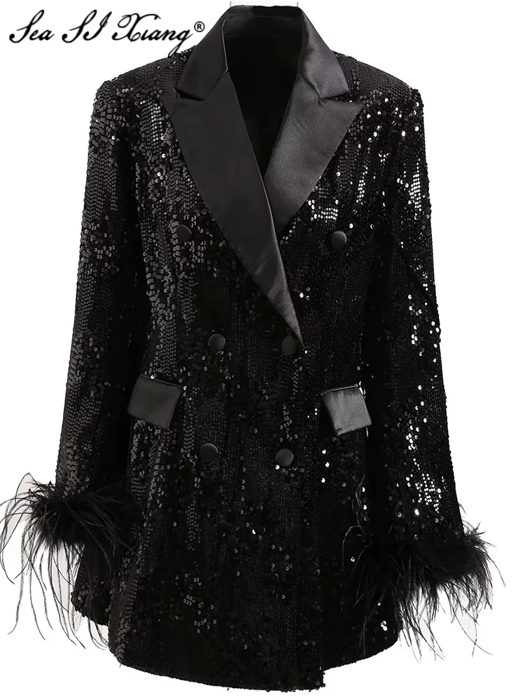 

Женская двубортная куртка с блестками Seasixiang, дизайнерская Клубная куртка на раннюю осень с длинным рукавом и перьями