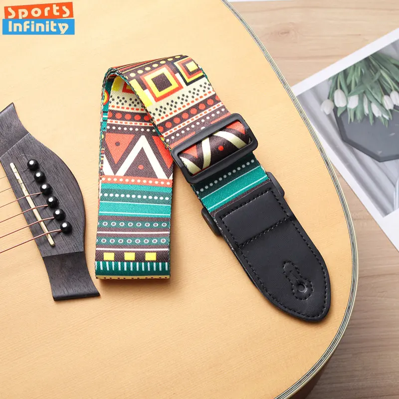 

Cotton Extra Wide Acoustic Guitar Ukulele Strap Leather Adjustable Shoulder Strap Belt with Vintage Print for Wood Guitar Bass