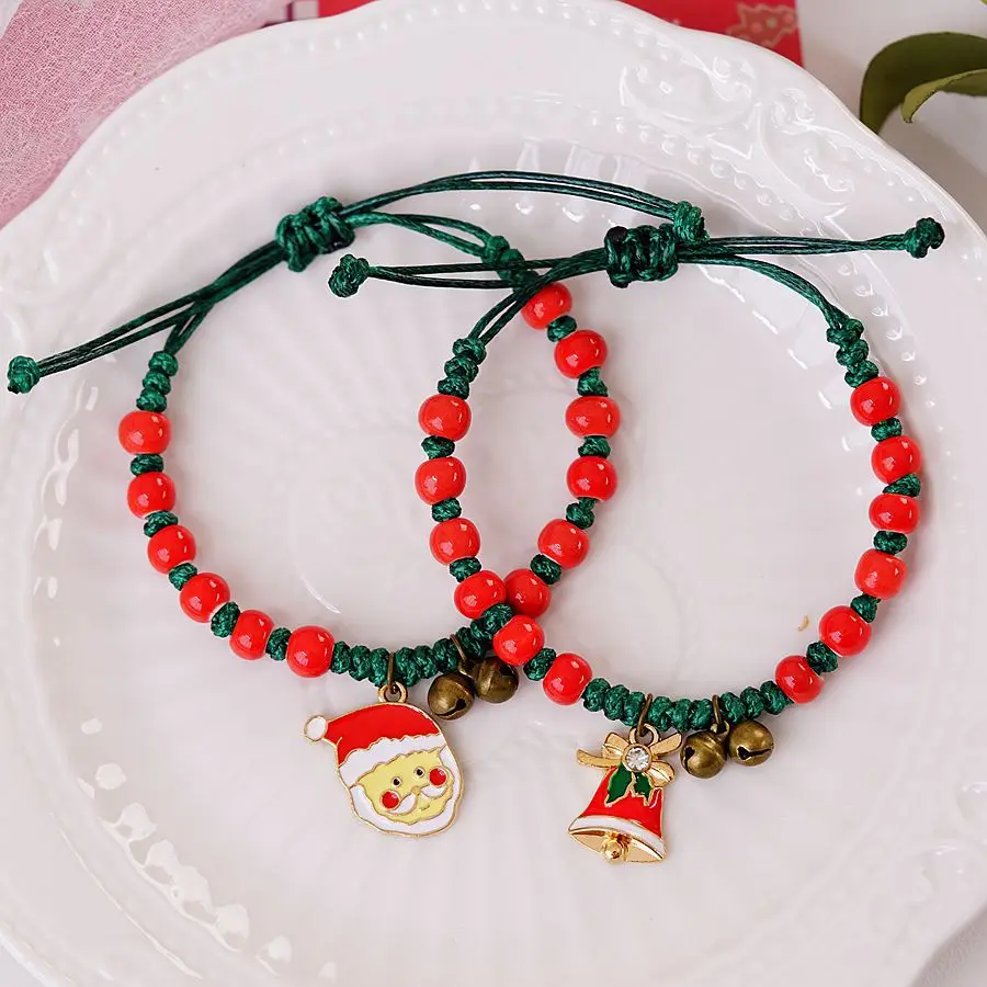 

New Fashion Christmas Ceramic Braided Rope Bracelet For Women Santa Claus Snowflake Tree Bell Pendent Bracelets Charm Jewely