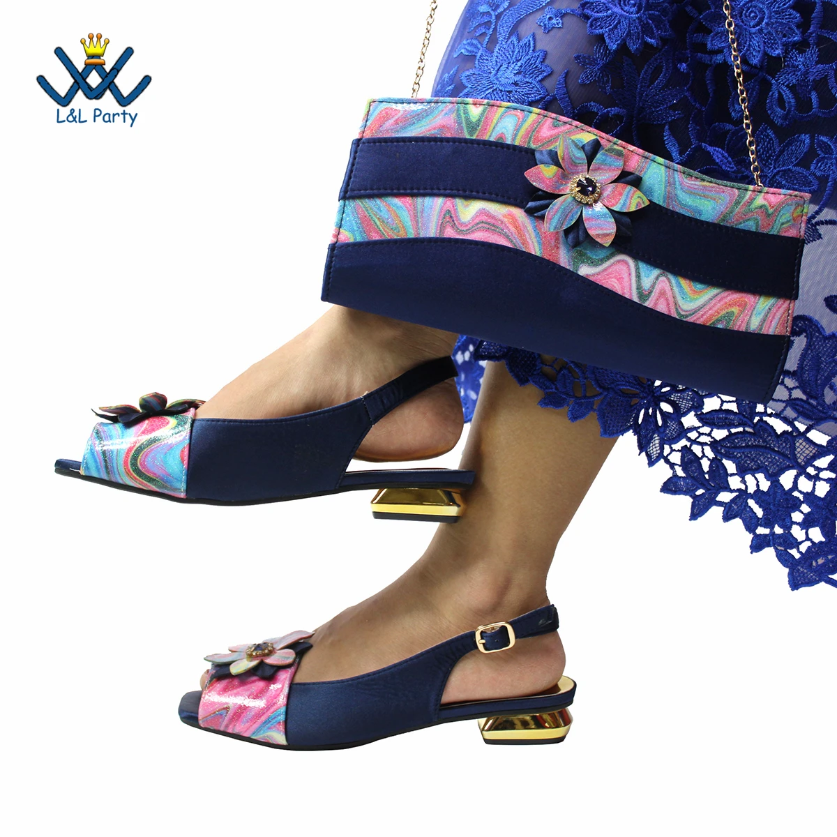 

Dark Blue New Fashionable Flpwers Design Ladies Shoes Matching Bag Set For Royal Women Wedding Party Pump
