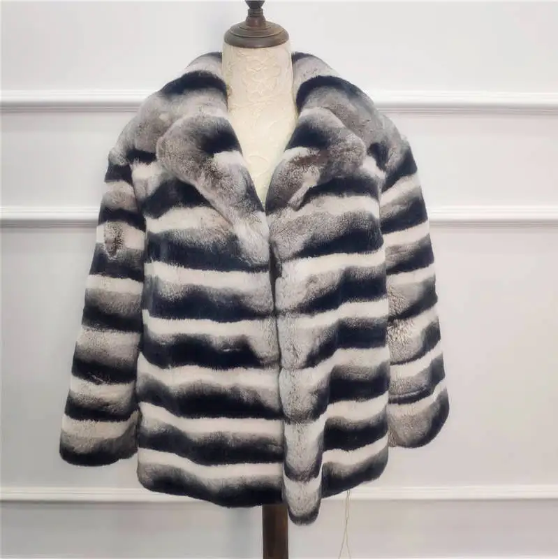 Full Pelt Real Chinchilla Rex Rabbit Fur Coat Genuine Fur Jacket Winter Womens Outerwear Coats