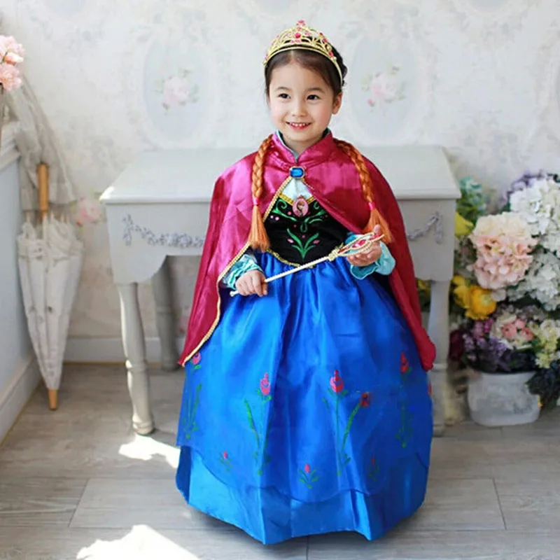 

Платье для девочек, платье принцессы Анны с длинными рукавами и накидкой, костюм для косплея, рождественское платье на Хэллоуин, детская одежда для вечеринки