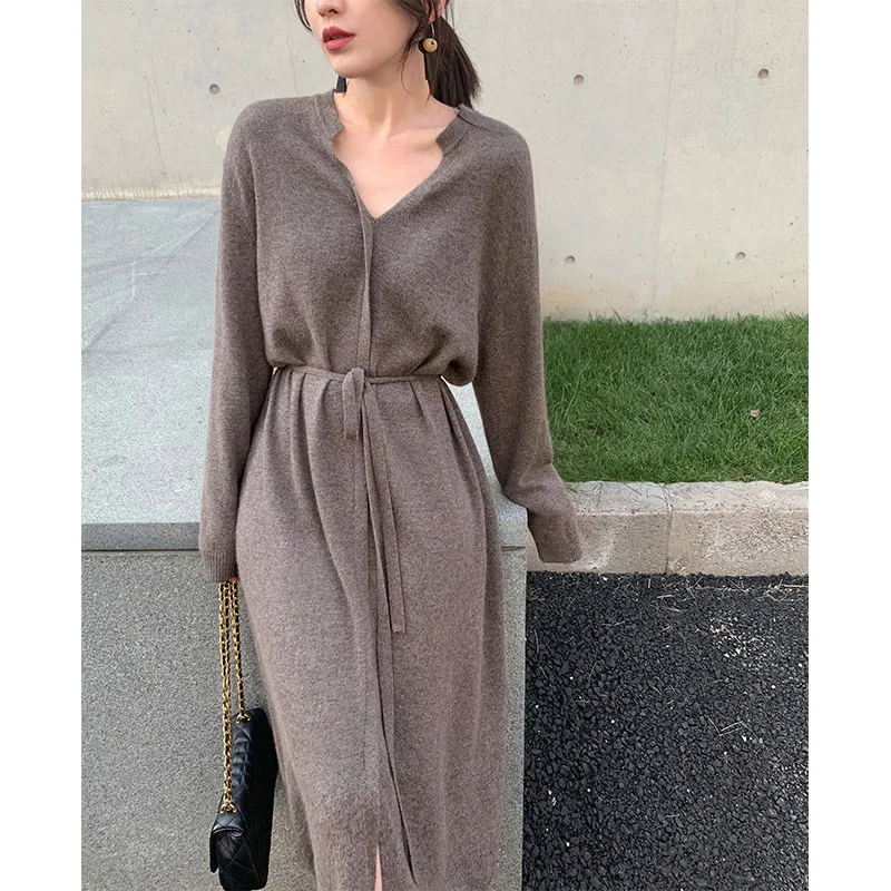 

2023 Early Autumn New Product Woolen Dress Women's Mid length Bottom Outerwear Over Knee Drawstring Waist Style Knitted Dress