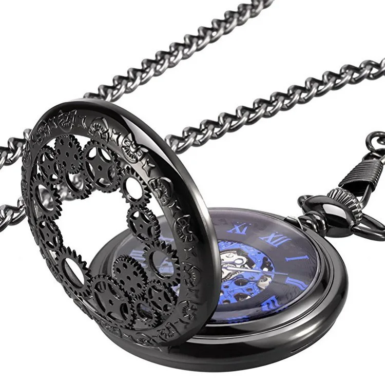 Luxury Mechanical Bronze Gold Pocket Watch for Men Women Skeleton Gear Roman Numeral Dial Fob Chain Pendant Clock for Collection