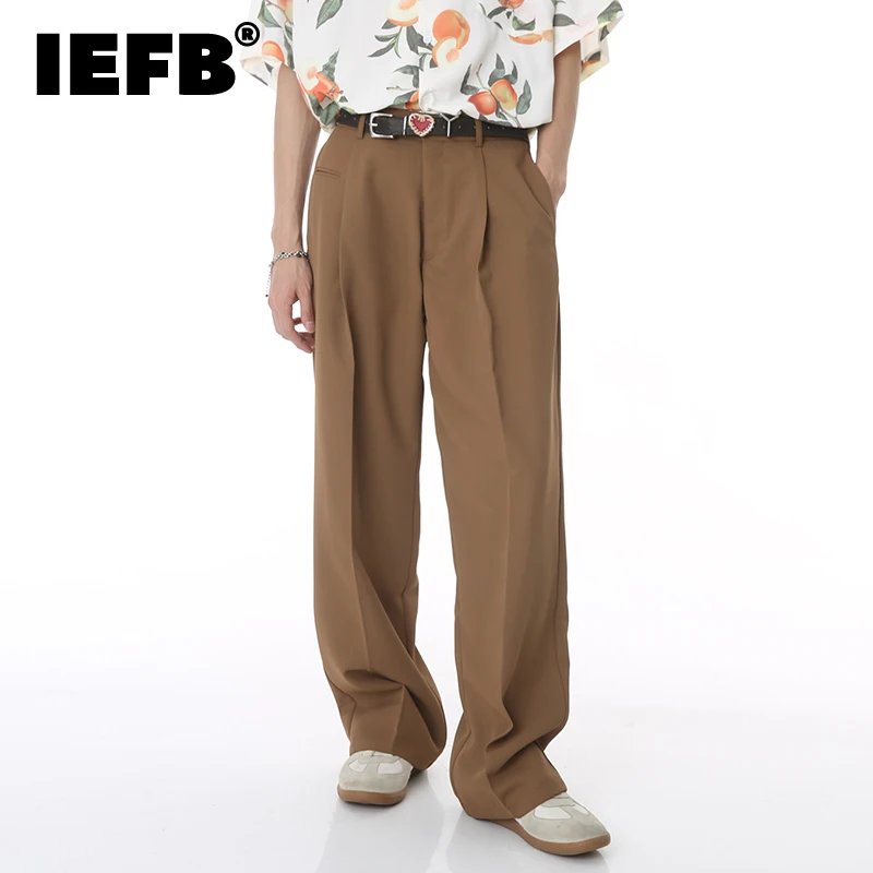 

IEFB Solid Color Casual Suit Pants Men's Trendy Summer Thin Simple Loose Pleated Wide Leg Straight Trousers Korean Fashion 9C844