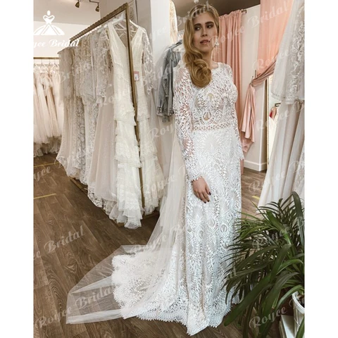 Boho O Neck Long Cap Sleeve Sexy Open Back Lace Mermaid Wedding Dress Beach Bridal Gowns Sweep Robe De Mariée Vestidos De Novia