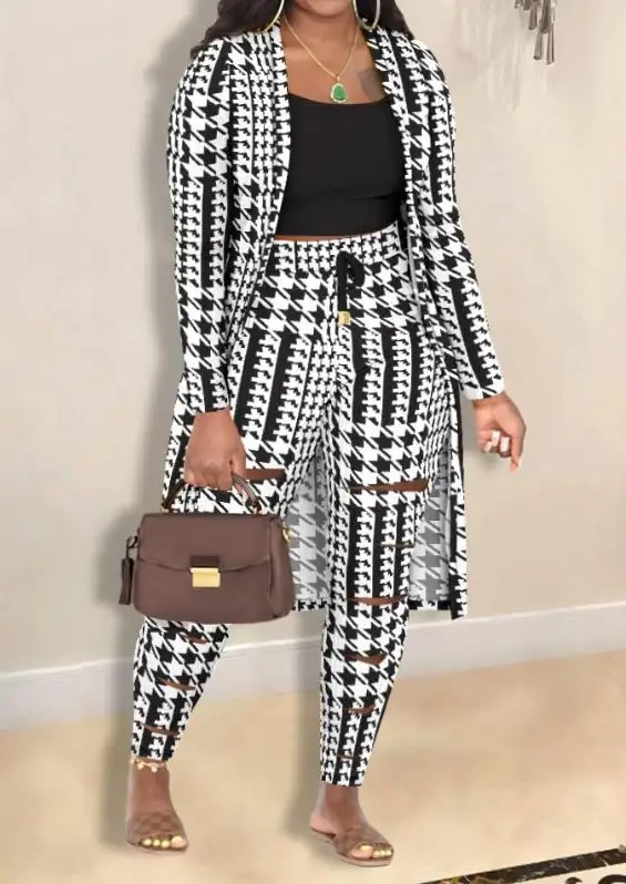 

3 Piece Sets Womens Outfits 2023 Casual Long Sleeve Cami Top & Fashion Houndstooth Print Drawstring Skinny Pants Set with Coat