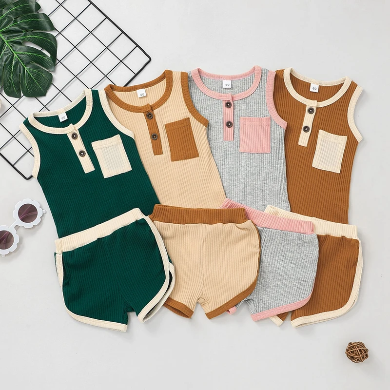 

Lioraitiin 0-24M Newborn Infant Baby Boy Girl Clothes Sets Contrast Color Buttons Pocket Tank Tops with Elastic Waist Shorts