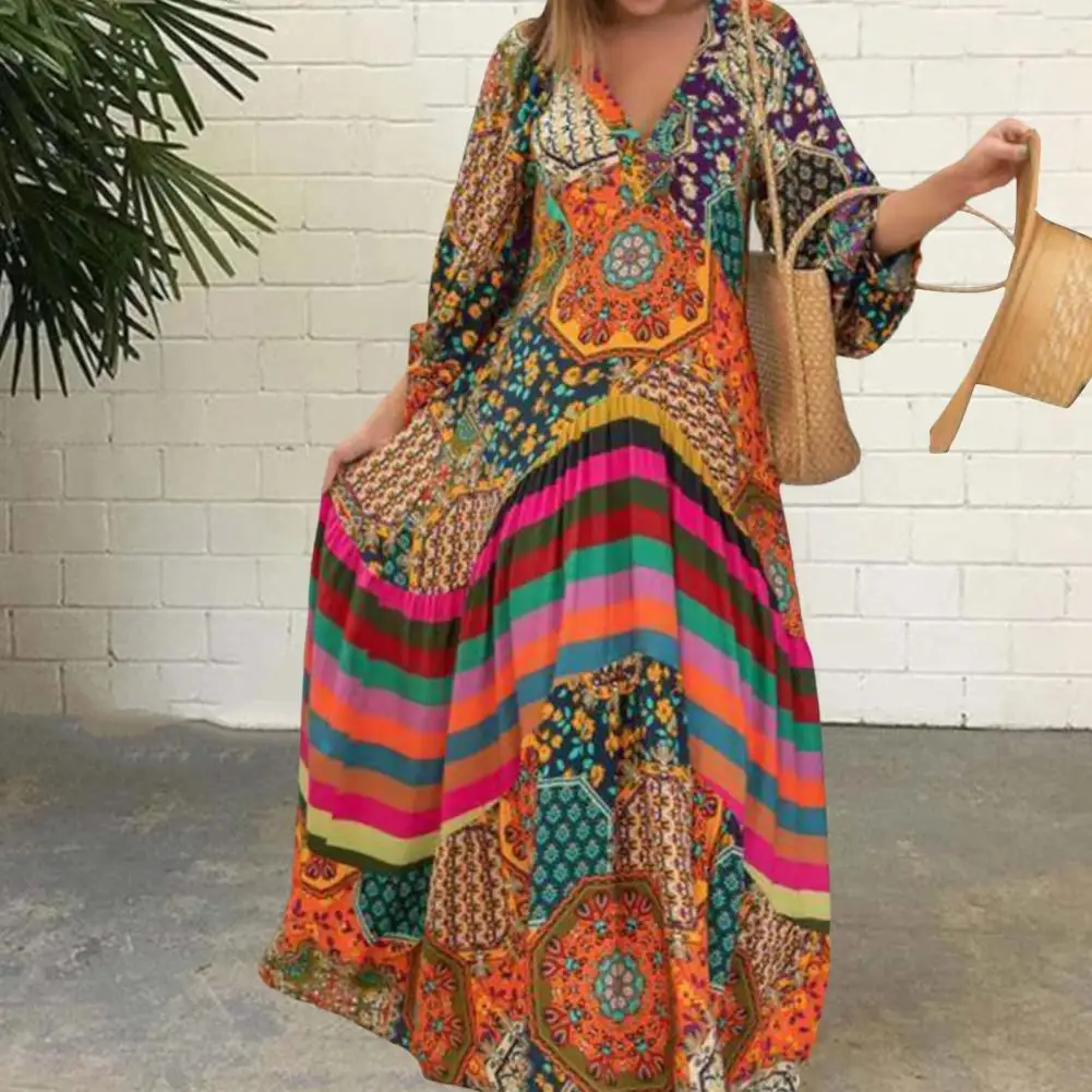 

Fashion Retro Dress Lightweight Pleated Long Dress Summer Ethnic Print Pattern Oversized Long Dress