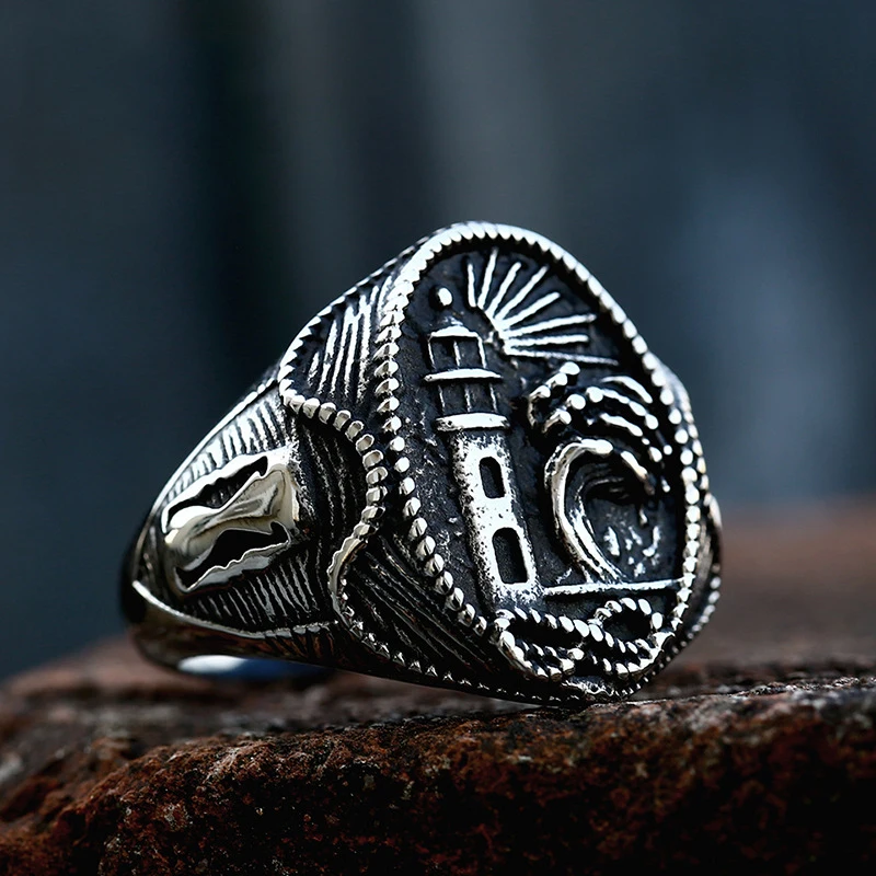 

Vintage Nautical Lighthouse Viking Rings Men 316L Stainless Steel Nautical Amulet Signet Ring Nordic Peace Amulet Jewelry Gift