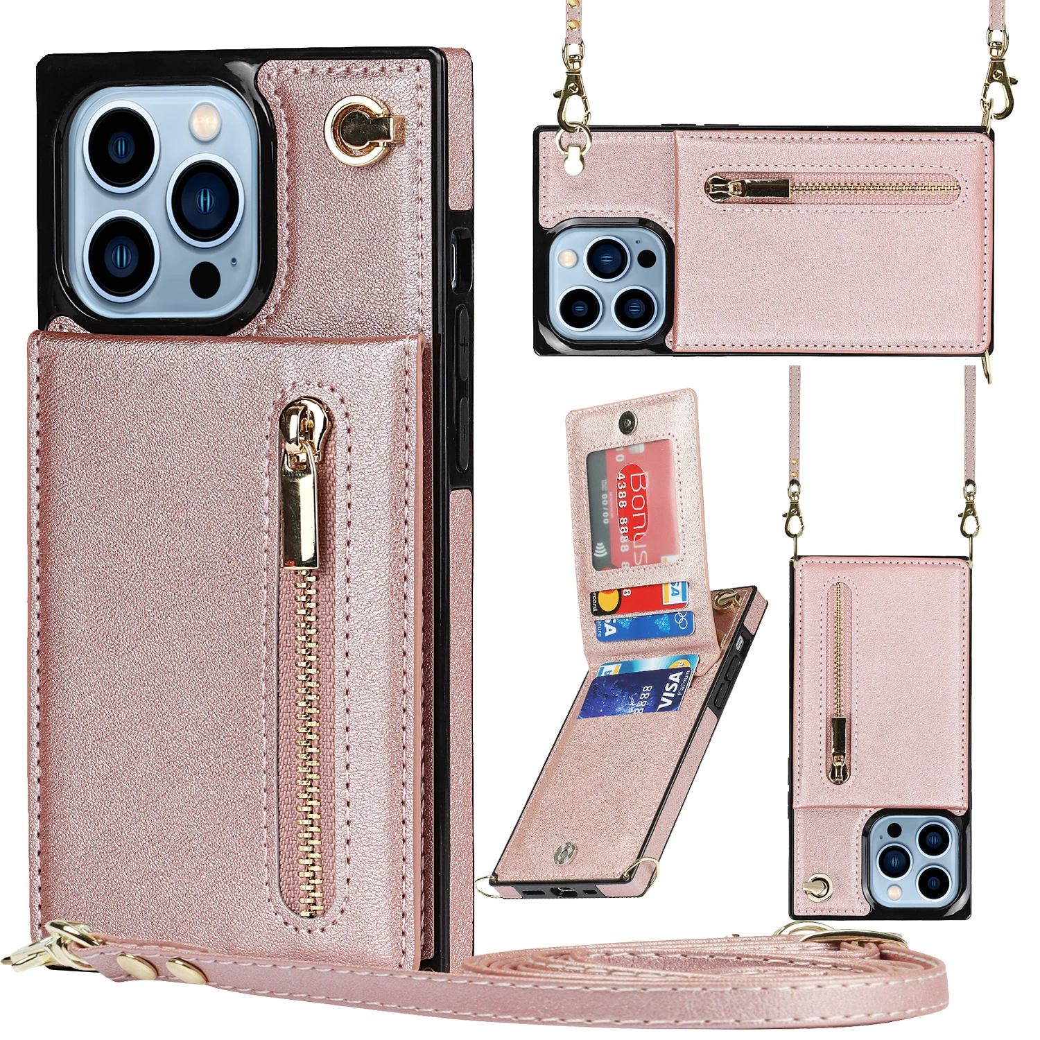 

Shoulder Strap Zipper Wallet Phone Case For iPhone 7 8 Plus X Xr 11 12 13 Mini 14 Pro Max With Card Holder Anti-drop Cover