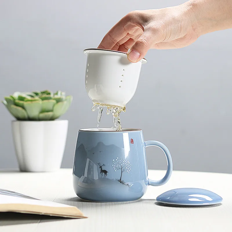 

Ceramic Filter Teacup Simple Large Capacity Couple Drinkware Household Coffee Mug with Lid Porcelain Office Tea Separation Cup