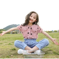 summer girls cropped jeans set short sleeve chiffon tops pants matching suit 3 14y child casual clothing kids dot t shirt outfit