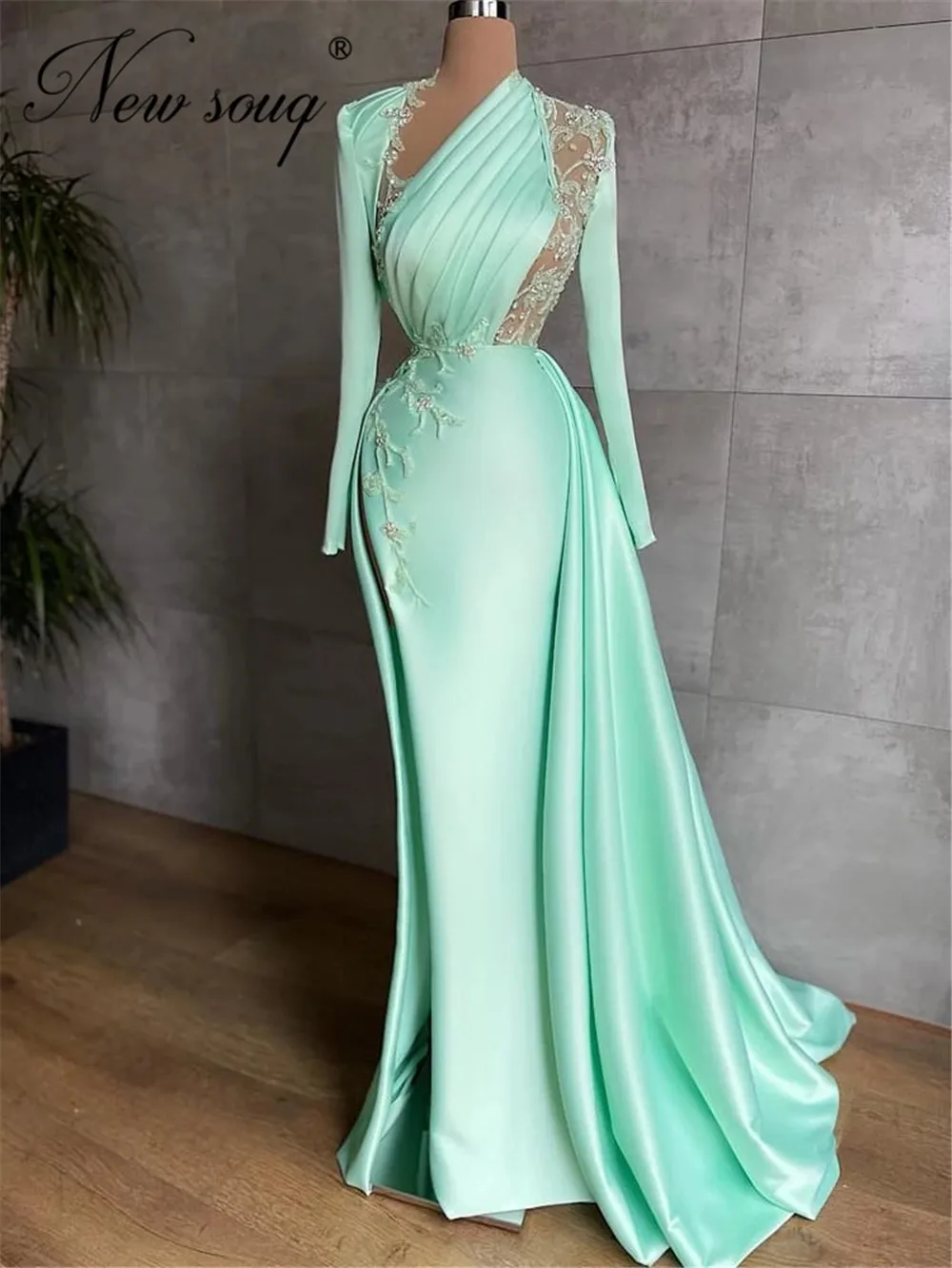 

Haute Coutures мятно-зеленые вечерние платья с бисером, Элегантное Длинное атласное платье знаменитости, Vestidos размера плюс, женские платья для вып...