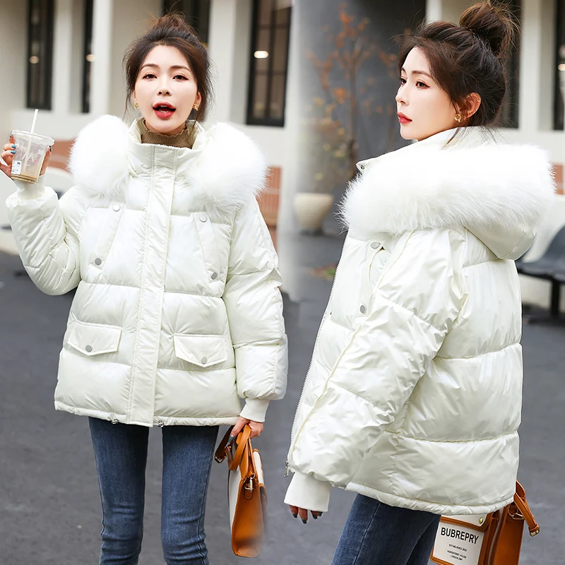 2022 New Winter Glossy Jacket Women Parka Fashion Loose Coat Hooded Parkas Slim With Fur Collar Warm Snow Wear Padded Clothes
