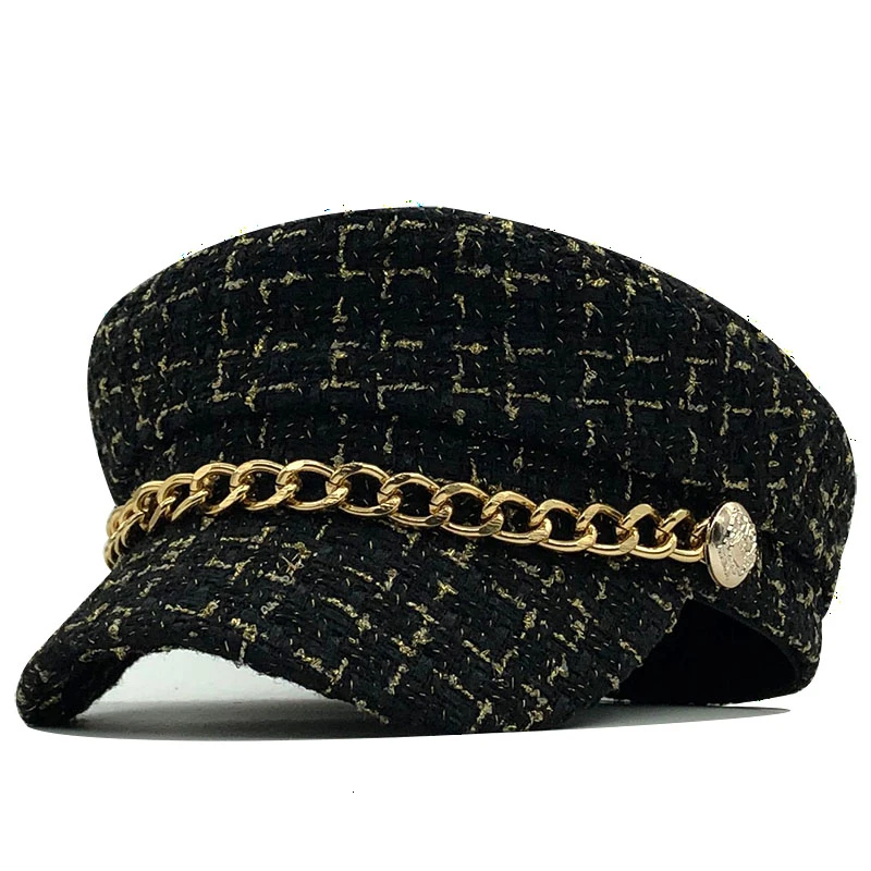 

2021 New women hats Tweed plaid newsboy caps chain flat top visor cap vintage plaid military cap female autumn winter hats