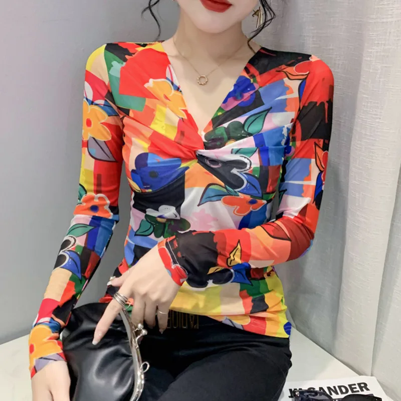 

#8025 3d Flower Printed T Shirt Women Thin Mesh Elastic Wrap T Shirt Long Sleeve Vintage Tee Femme Short Skinny Women's T-shirt