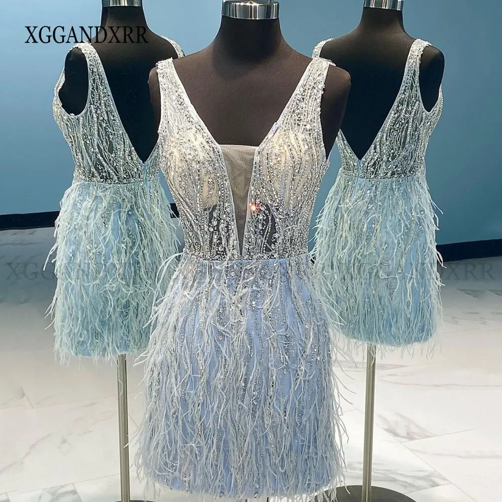 

Luxury Purple Cocktail Dresses Sparkling V Neck Sky Blue Beading Crystals Feathers Formal Party Gown Women Prom Gala Dress