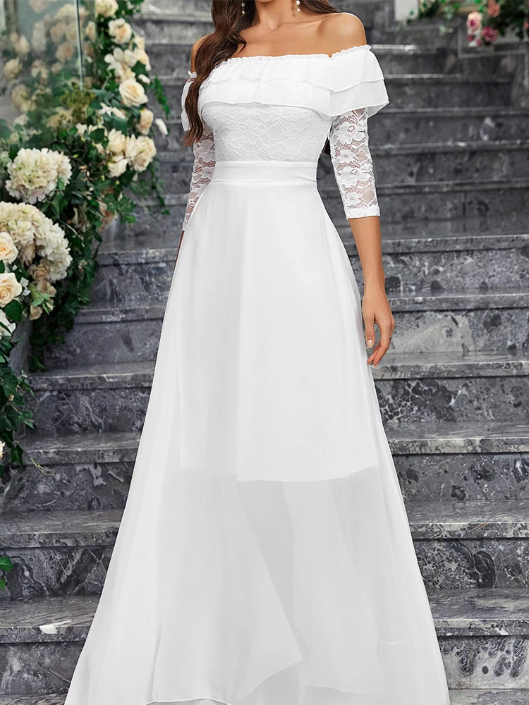 Женское ТРАПЕЦИЕВИДНОЕ свадебное платье It's yiiya белое кружевное бальное с