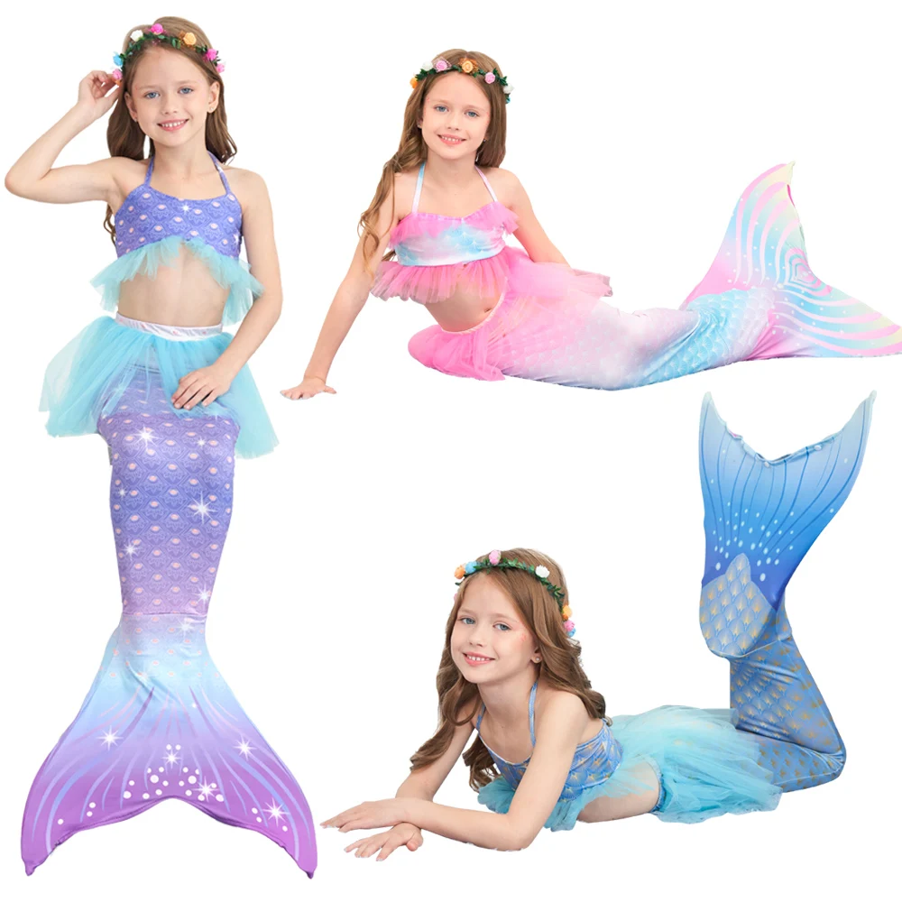 

7Pcs/Set New Style Kids Girls Swimming Mermaid Tail Cosplay Costumes Headwear Children Swimsuit Beach Bikini Can Add Monofin