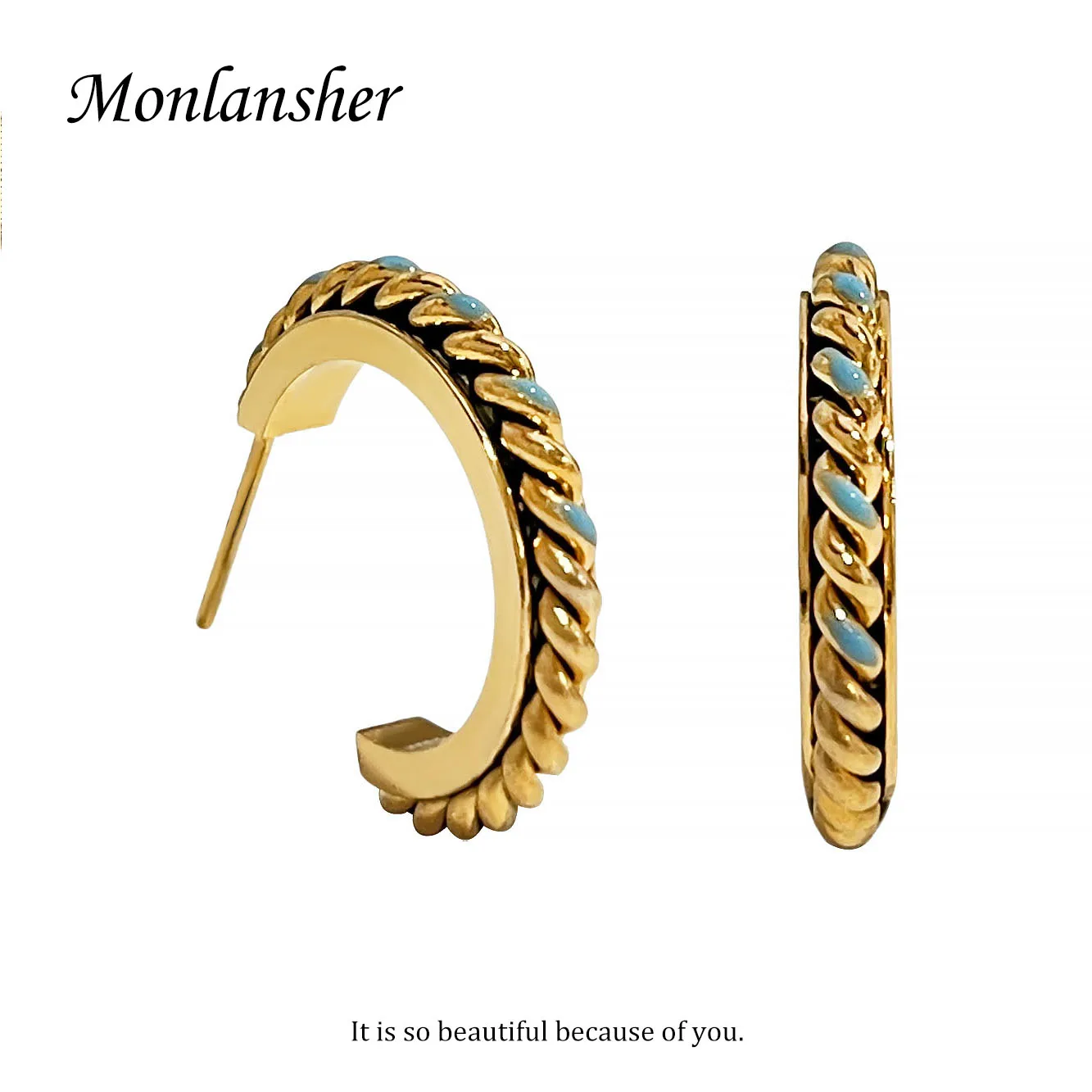 

Monlansher Boho Fashion Blue Enamel Gold Twisted Open Hoop Earrings for Women Simple Stainless Steel Small Daily Earring Jewelry