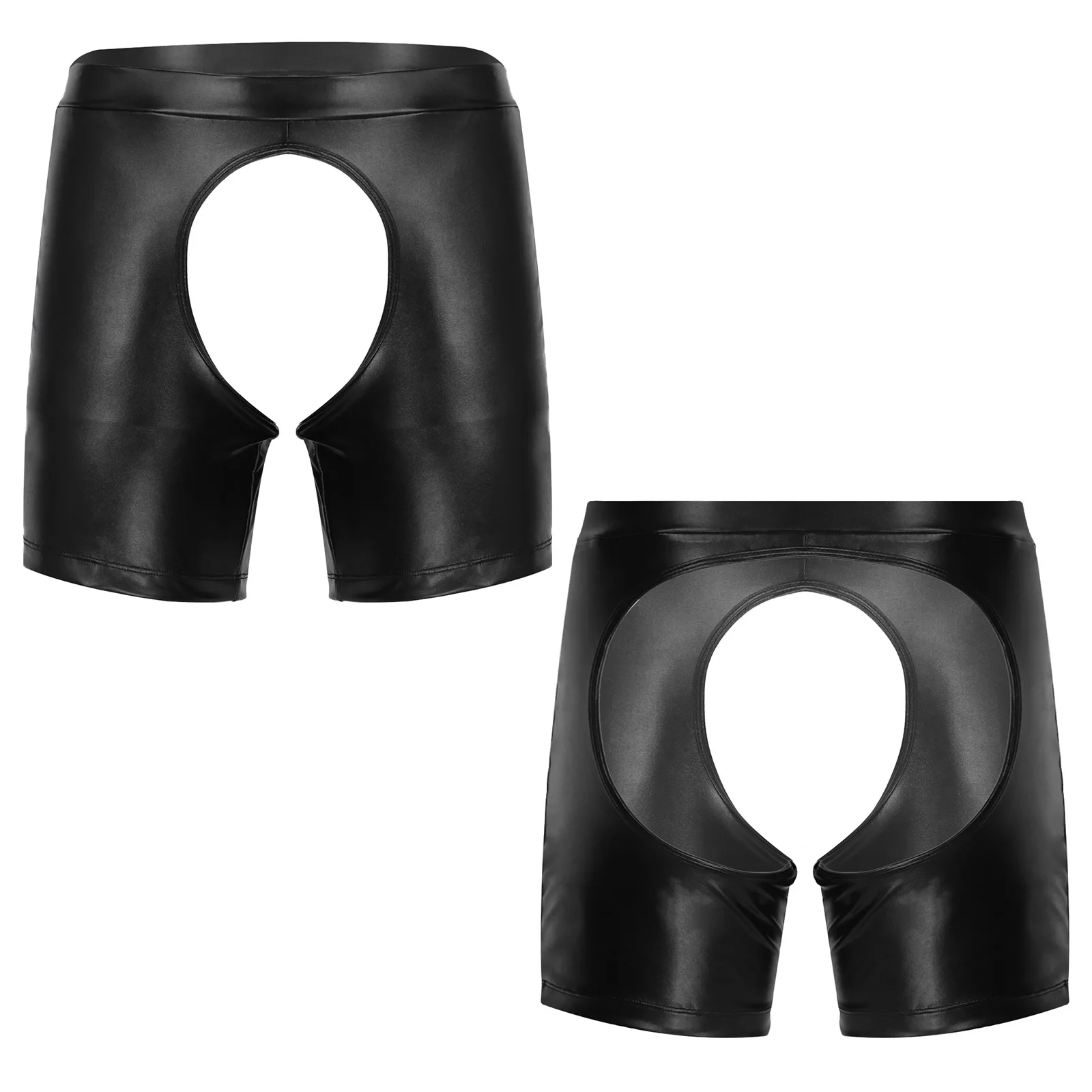 

Sexy Faux Leather Crotchless Shorts Mens Elastic Waistband Open Butt Short Pants Club Pole Dancing Costume