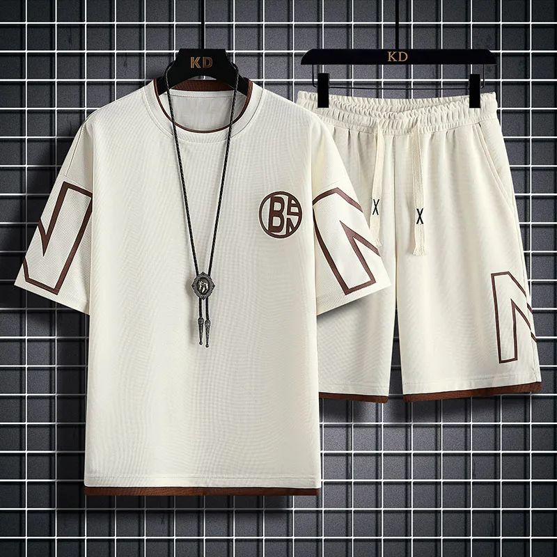 Waffle Short-Sleeved T-shirt Men's Ice Silk Suit 2023 Summer New Korean Style Trendy Shorts Heavy Two-Piece Set