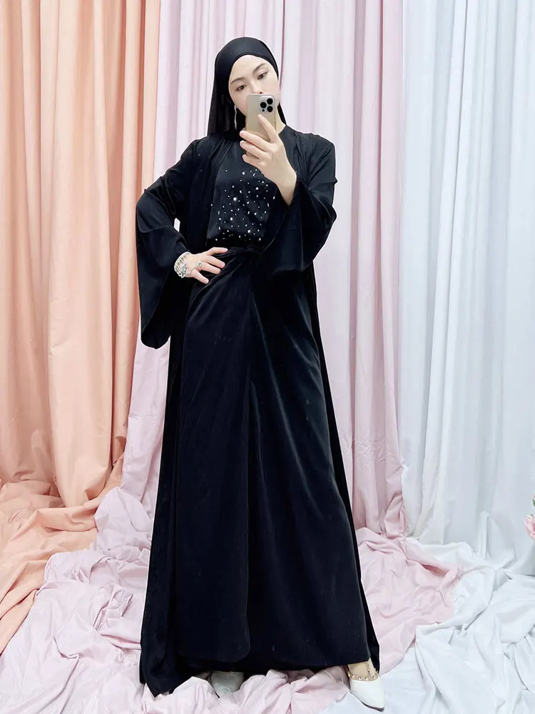 Eid комплекты для мусульман 3 штуки женщин летнее Открытое платье из бисера абайя